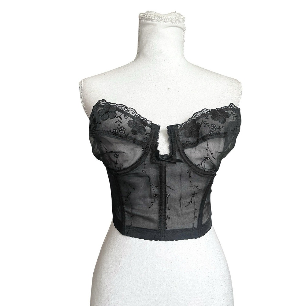 Vintage Lady Marlene Bustier Strapless Top Black Sheer Floral Embroidered 34D